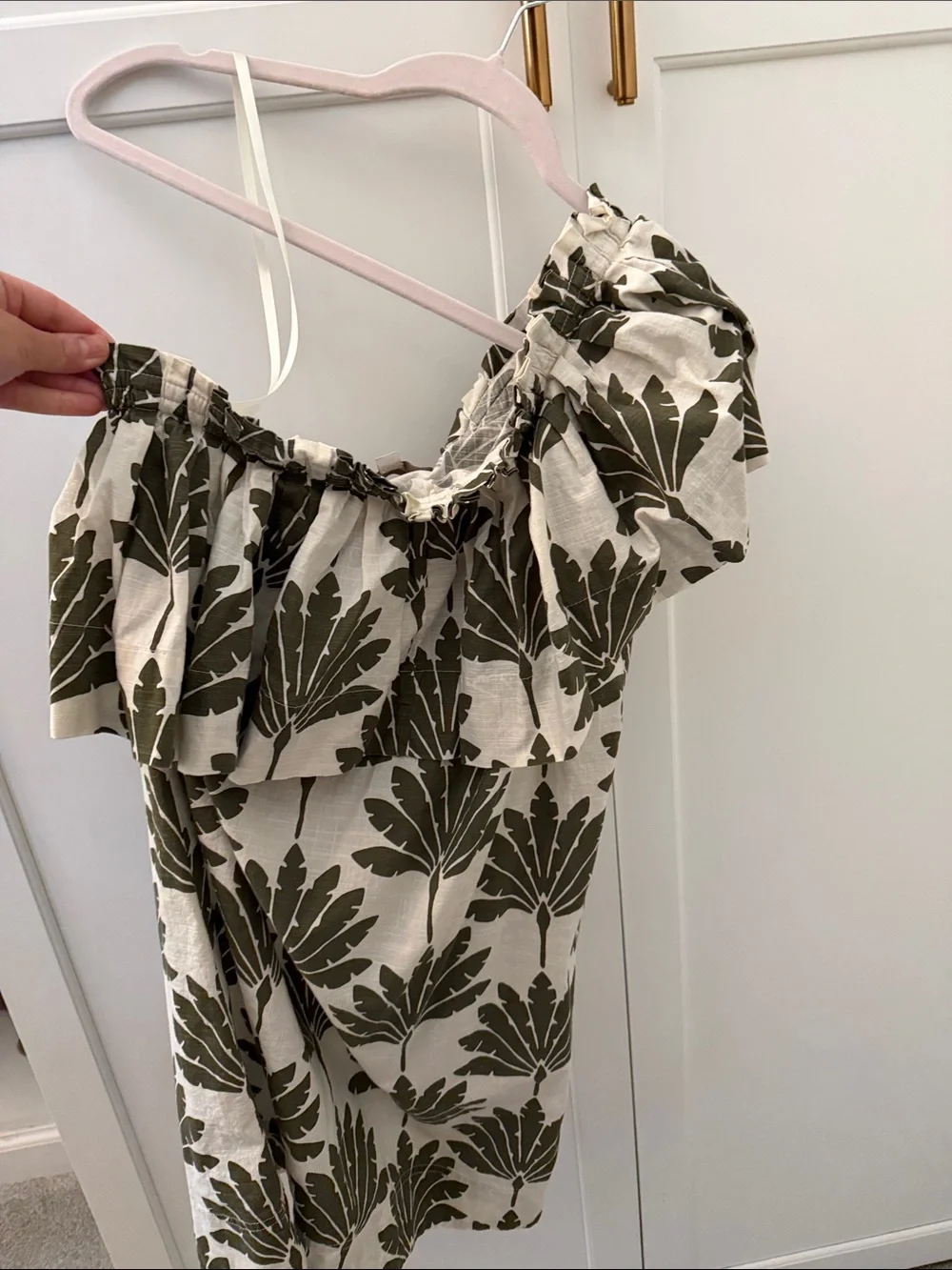 LOFT One-Shoulder Ruffle Dress in Olive Green and Cream - Picture 1 of 4
